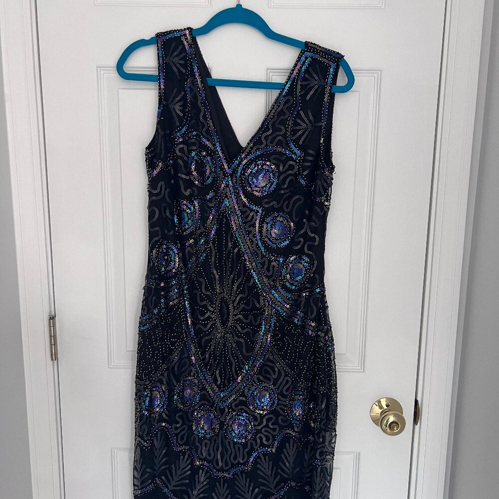 Iridescent Black Sequin Fringe Flapper Dress – Size L – Brand New with Tags